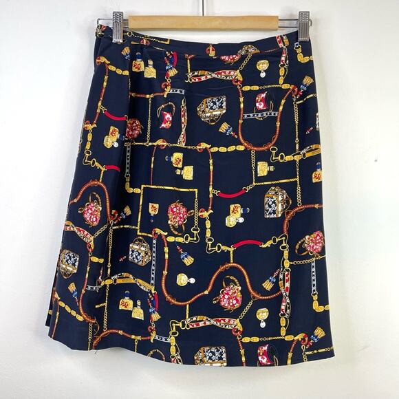 Vintage Y2K Classic Horsebit Chain Ribbon Floral Navy Blue Silk Wrap Skirt 4P 4 - Picture 6 of 8